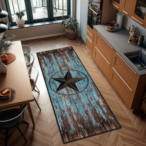 Western Runner Rug 2x6,Rustic Barn Texas Star on Old Wooden Plank,Ultra-Thin Throw Carpet Washable Kitchen Runners Teal Hallway Rug Entrance Door Mat Non Slip Accent Area Rugs for Entryway Laundry - size: 2'x6'