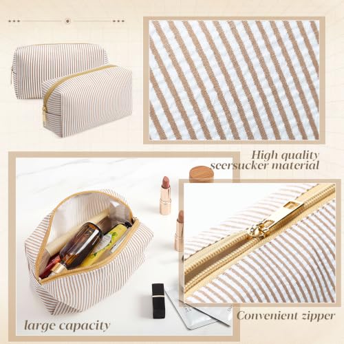 Sanwuta 20 Pcs Seersucker Cosmetic Bags Bulk, Striped Zippered,Khaki | Makeup Bags Women Pouch, Large Preppy Storage Toiletry Travel Pouch for Wedding Bridesmaid Bride Favor Back to Teacher Gift - color: Khaki