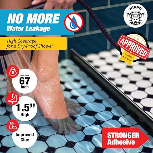 67" Black Shower Threshold Water Dam Barrier, 1.5" Tall Water Stopper Strip | Flexible 1.5-inch-tall door seal helps contain splashes, block leaks and keep bathroom floors dry around walk-in showers - color: Black, style: 67 In