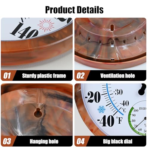 10 Inch Indoor Outdoor Thermometer Hygrometer Combo | Large Dial Analog Temperature Humidity Gauge, Wall Mount Weather Thermometer for Home Patio Greenhouse Garage Room - color: Brown