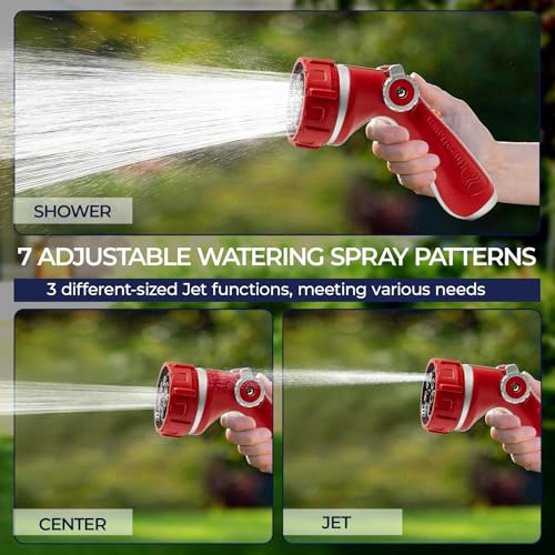 HugeDawn Garden Hose Nozzle with 7 Spray Patterns, Heavy Duty Metal Sprayer 30% Greater Water Flow for Watering, Car Wash, Outdoor Cleaning (Red) - color: Red