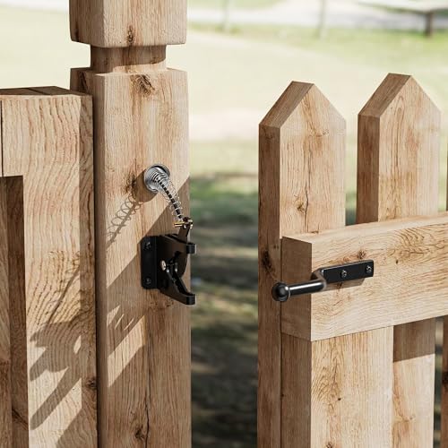 skysen Self Locking Fence Gate Latch Carbon Steel Black/Lock Post Mount with Stainless Steel Spring Cable Pull(JLXSDS-1)