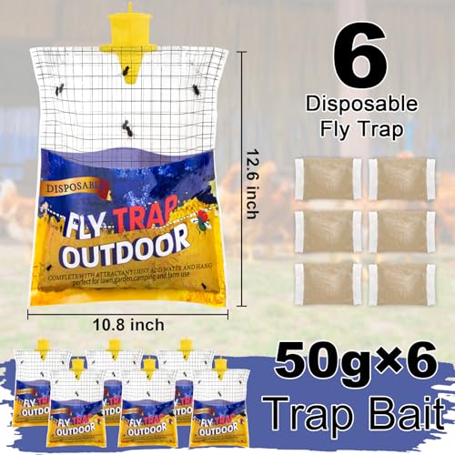 6 Big Fly Bags Outdoor Traps Hanging for Patio - Pre-Baited, Disposable | Fly Catcher Killer Repellent with 6*50g Bait for Outside in Chicken Coop, Horse Barns | Easy to use | Durable | Effective - size: 6 Pack