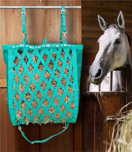 Majestic Ally Double Side Open Slow Feeder Hay Bag - Diamond Shaped Obliquely Placed Webbing (Turquoise) - color: Turquoise