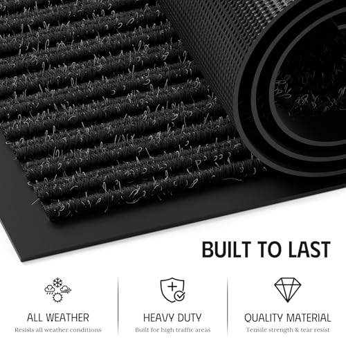 Front Door Mat, Non-Slip Heavy Duty Indoor Outdoor Doormat, 2'x6' | Black Striped, Trap Dirt & Absorb Moisture, Low Profile, Non-Slip Backing, All Weather, Welcome Floor Mat for Entryway Patio - color: Black Striped, size: 2' x 6'