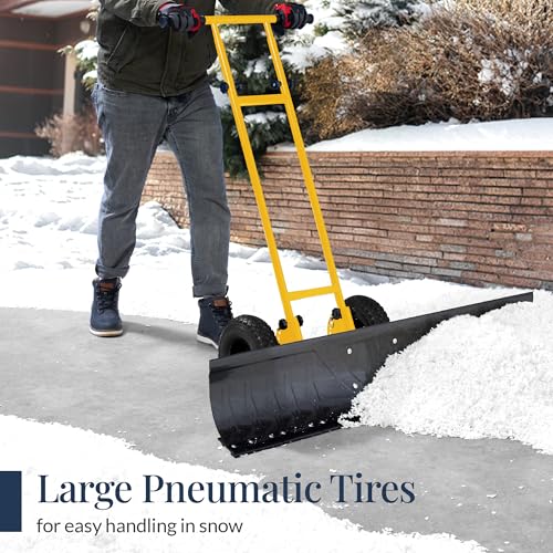 Best Choice Products 48in Heavy-Duty 2-Wheel Snow Pusher Hand Plow for Snow Removal w/Wheels, Adjustable Handle, Blade Angle - Yellow - color: Yellow, size: XL 48in w/Wheels