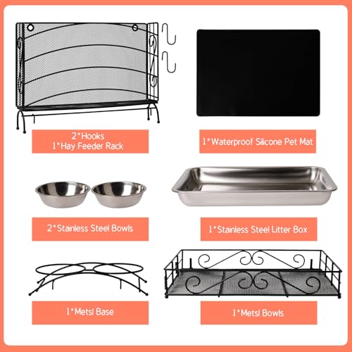 3 in 1 Rabbit Hay Feeder with Litter Box, Rabbit Feeder for Cages | Large Capacity Rabbit Feeder with 2 Stainless Steel Bowls, Litter Box for Guinea Pig Chinchilla Bunny Other Small Animals