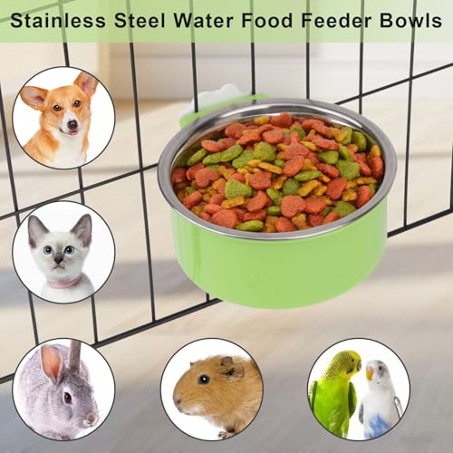 Dog Crate Water Bowl No Spill Removable Hanging Bowls, Blue | Stainless steel + plastic 2-in-1, twist-lock easy install, detachable easy clean, for small dogs/cats/rabbits/guinea pigs - color: Blue+Green