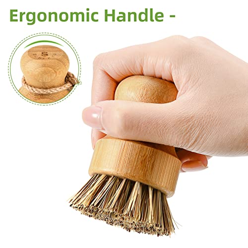 SUBEKYU Bamboo Dish Scrub Brush,Produce Brush,2 Pack with Holder | Vegetable Brush,2-Pack Natural Sisal Bristles-2 Soft, 1 Firm,Kitchen Wooden Cleaning Scrubbers Engineered Stone holder Set - color: Sandstone Base +Sisal 1p+palm 1p, size: Regular size