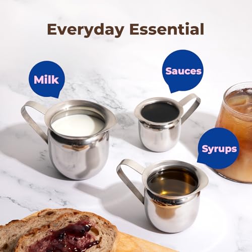 Fit Meal Prep [6 Pack] 3 oz Creamer Pitcher - Stainless Steel Bell Creamers, Mini Cup Container for Serving Milk, Coffee Cream, Salad Dressing, Maple Syrup, Espresso Machine for Restaurant, Cafes - size: 3 oz