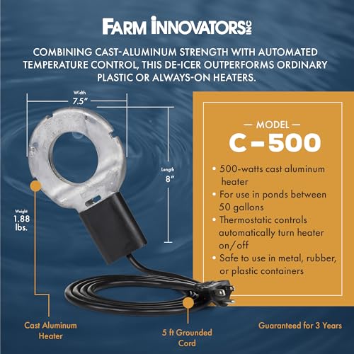 Farm Innovators C-500 Submergible Cast Aluminum Utility Water De-Icer, Powered at 500 Watts with 50 Gallon Capacity for Versatile Farm Use | Thermostatically controlled heater operates only when necessary, cast aluminum construction, plastic-safe