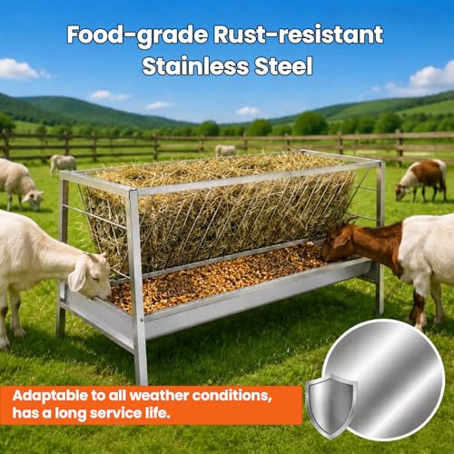 92 Gallon Steinless Steel Goat Hay Feeder，2-in-1 Design with 62 Gal Top Hay Feeder and 30 Gal Base Trough，Corrosion Resistant Livestock Feeder for Barns, Pastures, Farms