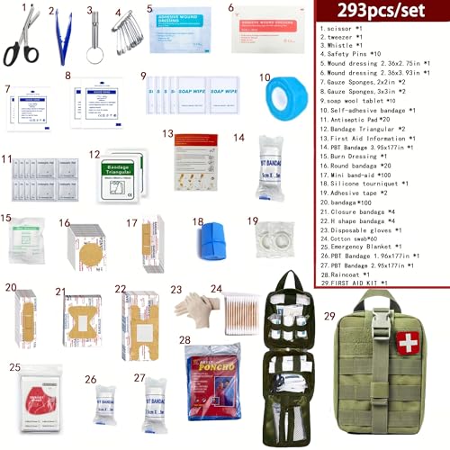 293Pcs/set - First Aid Kit Molle Pouches Emergency Survival Kit Suitable for Outdoor Activities, Home, School, Hiking, Car Travel and Camping - Quick Response First Aid Essentials (Olive Green) - color: Olive Green