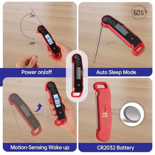 Lonicera Instant-Read Meat Thermometer, 1-Second, IP67 Waterproof, Red | Thermocouple sensor delivers readings in 1 second with ±0.9°F accuracy, plus IP67 waterproofing, auto-rotate and wake - color: RED