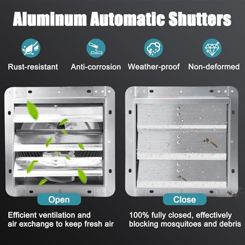 10 Inch Upgraded Shutter Exhaust Fan with Speed Controller & Thermostat, 820 CFM Wall Mounted Exhaust Fan, Ventilation Attic Fans for Greenhouse, Garage, Warehouse, Shed, Basement, Chicken Coop - size: 10 Inch Shutter Exhaust Fan