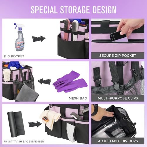 SCAVATA Wearable Cleaning Caddy, Cleaning Caddy Supplies Organizer with Handle & Shoulder Straps for Housekeepers, Under Sink & Car Cleaning Tool Organizers Bag with 4 Foldable Divider (Lilac) - color: Lilac