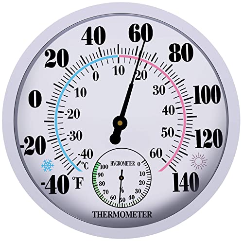 Indoor Outdoor Thermometer Hygrometer, Lirches Outdoor Thermometer Large Numbers, Decorative Outdoor Thermometers for Patio, No Battery Needed Wall Thermometer Round 10" in Diameter - color: White 10", size: 10 Inch
