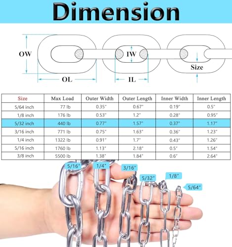 304 Stainless Steel Chain Heavy Duty Outdoor | 6.5ft 13ft Small Large Light Metal Link Chain for Home Camping Hanging etc - size: 5/32in-13ft
