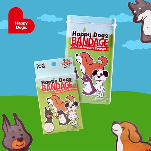 BioSwiss Bandages, Happy Dog Shaped Self Adhesive Bandage Set, Latex Free, Sterile Wound Care, 50 Count - size: 50-Count Tin, style: Dogs