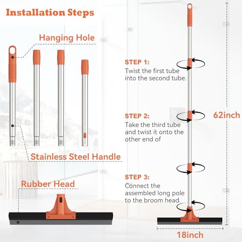 Floor Squeegee for Concrete Floor,18" Large Heavy Duty Squeegee for Floor, Rubber Broom with 62" Long Handle for Bathroom Tile, Garage Concrete, Deck, Shower Glass, Window Cleaning - color: Orange
