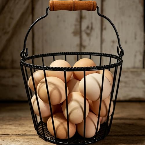 Metal Wire Egg Basket for Gathering Fresh Eggs,Round Egg Collection Basket | TAIANLE Black Farmhouse Egg Collecting Basket for Fresh Egg with Handle,Chicken Egg Holder Kitchen Countertop,Easter Egg Hunt