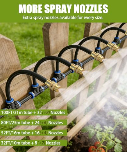 100FT 5/16" Misting Irrigation System for Garden with 40 Adjustable Nozzles | 360° Bendable Copper Nozzles, Quick Connect, Steady Flow, UV-Resistant PE Tubing & Accessories, Garden Beds& Greenhouse - size: 100 FT+40 Nozzles