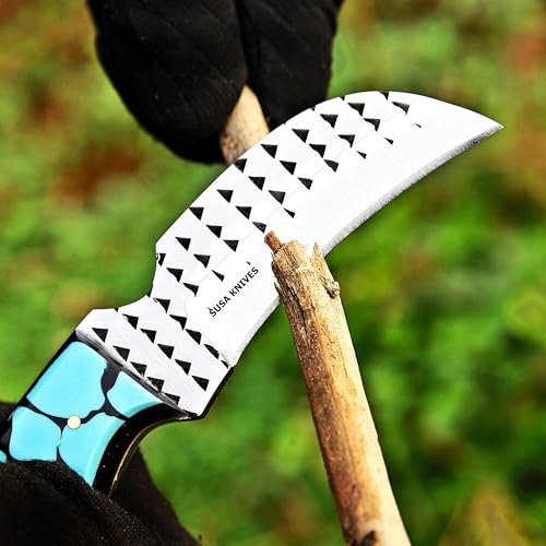 Custom Handmade 7'' fixed blade hoof rasp Hawkbill fixed blade Knife Electricians Knife Lineman’s Hawkbill knife, with pancake leather sheath (FAROZI) - color: FAROZI