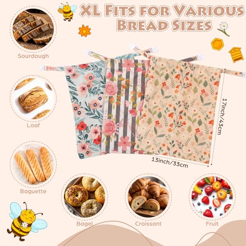Tallew 3 Pack Beeswax Bread Bags for Sourdough Homemade Bread, Large 17x13 Inch Reusable TPU lining Beeswax Storage Bags with Sealing Zip Keep Fresh Freezer(Floral Style) - style: Floral Style