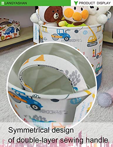 Round Thick Laundry Basket Collapsible Organizer Boys Engineering Car | Canvas Foldable Storage Hamper Sturdy Rope Handles for Household Gift Baskets Bedroom Clothes Toys Children Nursery - color: Thick Engineering Car