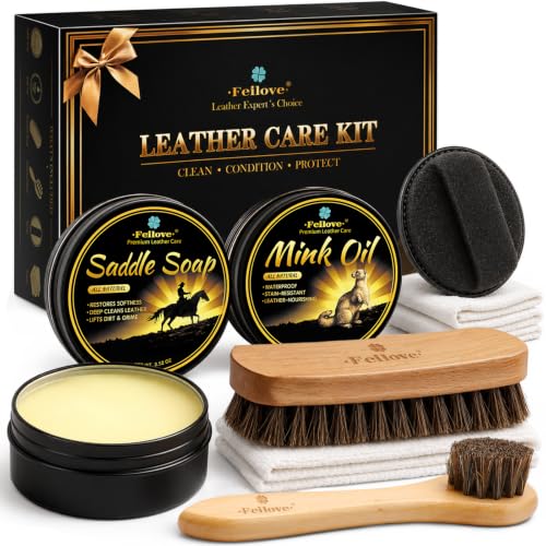 Feilove Leather Boot Care Kit Gift Set with Mink Oil, Saddle Soap, Horsehair Brushes, Applicators & Cloth for Cowboy Boots, Work Boots, Saddles & Tack