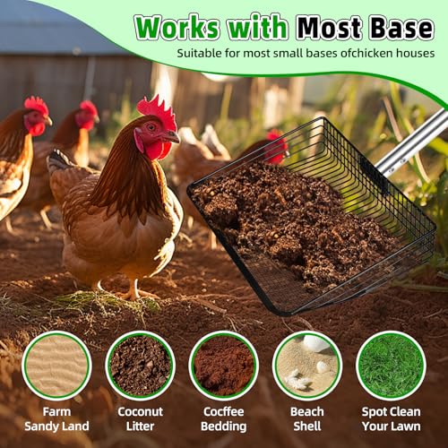 10inch Large Metal Chicken Poop Scooper & Chicken Coop Scoop, 3-Level Adjustable Chicken Coop Scooper for Sand with Stainless Steel Handle, 4-in-1 Multi-Function Heavy Duty Manure Screening Shovel