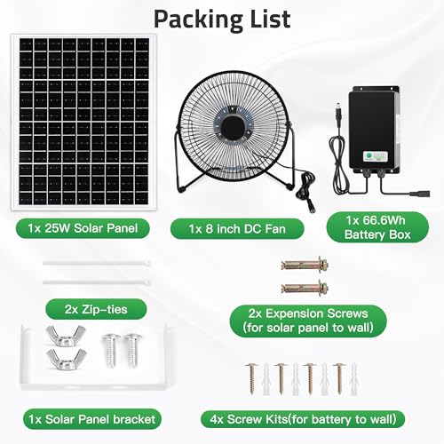 blessny 8" Solar Rechargeable Fan for Greenhouse, Chicken Coop, Pet House | 25W Solar Powered Floor Fan with 66.6 Wh Battery Backup for Outdoor Air Circulation Cooling
