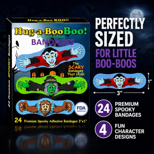 Fun Monsters Adhesive Bandages from Hug-a-Booboo! Spooky Halloween Bandages That Hug! Favorite Scary Monster Characters - Vampire, Witch, Wolfman and Mummy with Hugging Arms! Fun as Stickers 24 Ct Box - size: 24ct, style: Spooky Monsters