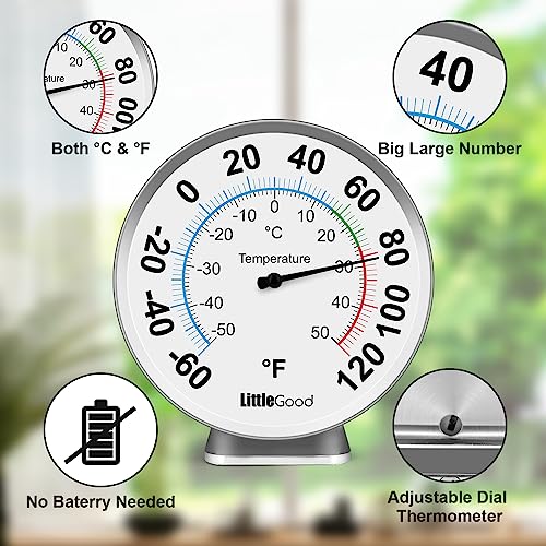 5” Indoor Outdoor Thermometer - Analog Thermometer gauges for Temperature Updated, Round Dial Metal Wall Thermometers Large Numbers for Home, Patio, Room, Greenhouse, Garage, Decorative