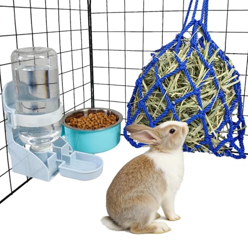 Rabbit Water Bottle Ferret Food Bowl Bunny Water Dispenser Stainless Steel Food Dish Hanging Drinking Fountain Drinker Feeder Crate Bowl Feeder Cup for Guinea Pig Hedgehog Chinchilla - color: Blue