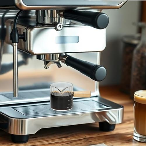 Espresso Cups Set of 2, 4 OZ Espresso Shot Glasses with Wood Handle, Clear | V-Shaped Spouts, Ribbed Milk Frothing Pitcher, Small Glass Measuring Cup, Demitasse Cups, Coffee Espresso Accessories - color: Clear