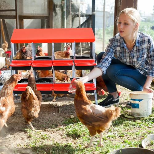 Garvee Chicken Nesting Boxes, 8 Hole Metal Chicken Laying Box with Removable Trays and Roll Out Egg Collection for Chicken Coop, Red, with Metal Legs