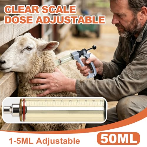 50ml Semi-Auto Repeating Livestock Syringe Gun, 5 Dose Settings | Ergonomic Grip, Clear Barrel & Luer Lock, Vet Injector for Cattle, Horses, Goats, Sheep & Pigs - color: Silver Gray50ML