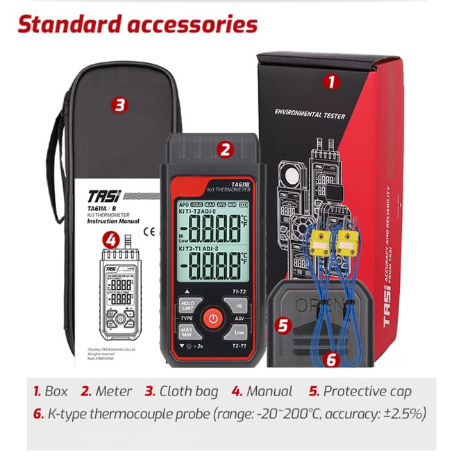 Thermocouple Thermometer, Digital Dual-Channel Thermometer(-328°F ~ 2501°F) with 1 HVAC Temperature Clamp and 2 Wired Thermocouple Probes, HVAC Temperature Meter with ADJ Compensation for K/J Type