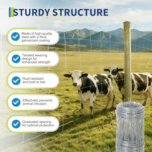 Garvee 5ft x 426ft Field Fence Heavy Duty Galvanized Farm Fence, Woven Wire Livestock Fencing for Cattle Horse Goat Deer, High Zinc Coated Ranch Fence Roll for Pasture Boundary Enclosure - size: 5ft x 426ft
