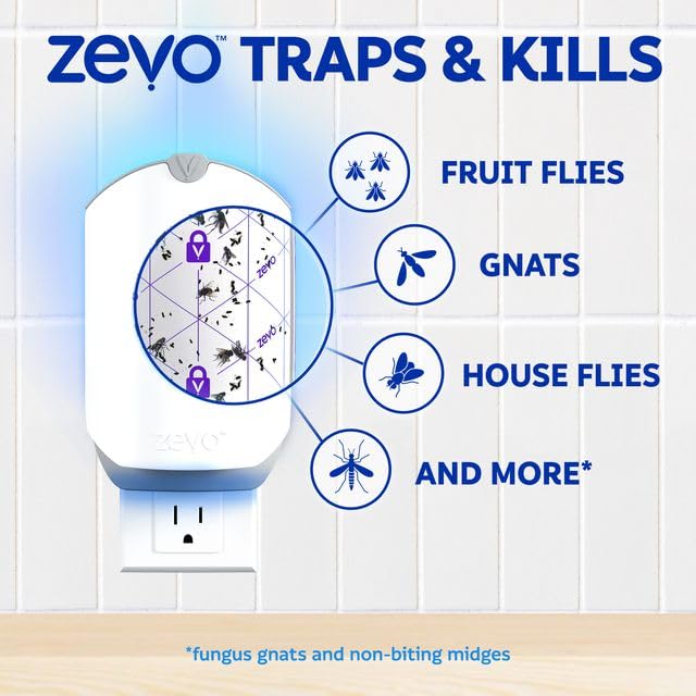 Zevo Flying Insect Trap for Fruit Flies & Gnats, 2 Bases & 2 Refills | Fly Trap Catches House Flies, Gnats & Fruit Flies 24/7, Spray-Free, Odor-Free, Blue & UV Light, Safe for Kids & Pets* - style: 2 Devices & 2 Cartridges