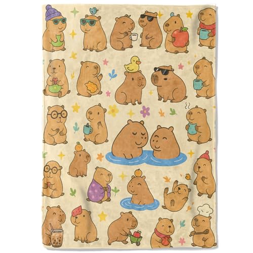 Cute Capybara Fleece Blanket,40x50in, Kawaii Cartoon Capybaras with Tea Fruit Duck Flower on Cream Throw Blankets,Soft Cozy Lightweight, Ideal for Bed Living Room Home Decor,Kids Gifts - color: Capybara, size: 40x50 Inch
