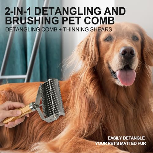2-in-1 Pet Dematting&Deshedding Undercoat Rake with Bamboo Handle | Double-Sided Dematting Comb,Deshedding Dog Brush,Pet Grooming Tool for Long-Haired Dogs&Cats,Remove Loose Hair Tangles