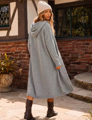 CiCiBird Womens Fall Long Cardigan Sweater Hooded Button Coat | Side Pockets, Loose Midi Length, Cozy Texture, Soft Lightweight Knit, Lounge To Outdoor Wear, Daily Layering, House Coat - color: Grey, size: X-Large