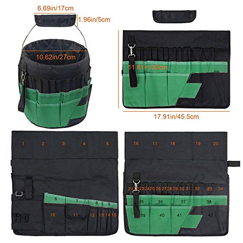 Green Gardening Tools Organizer 5 Gallon Bucket Tools Kit Storage Organizer with Handle, Garden 42 Pockets Tools Management Bucket Bag Trays, Insert Bucket Boss Tools Organizer (Tools Excluded), Black, 17.91 inch x 11.81 inch