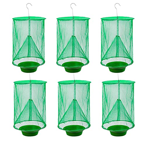 Ranch Fly Trap Outdoor Hanging Reusable with Fishing Apparatus | Food Bait Tray Catcher Cage for Indoor or Outdoor Family Farms, Park (6 Pack) - style: 6 pack