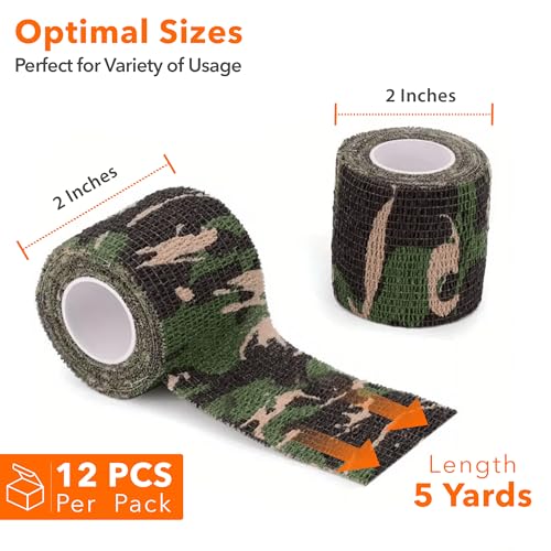 Self Adhesive Bandage Wrap 2 Inch x 5 Yards – Pack of 12 Camouflage Cohesive Bandage, Non-Woven Vet Wrap for Dogs and Pets –Breathable Elastic Bandage Wrap for Ankles & Joint Sprains