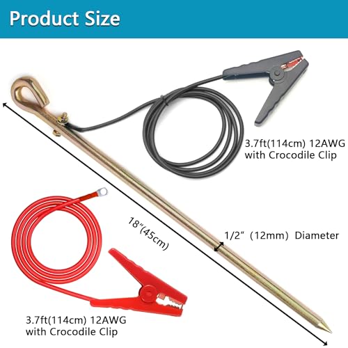 Electric Fence Wire - Grounding Rod, Connect The Energizer and Electric Fence Charger Solar Powered, Solar Electric Fence Lead Wire with Alligator Clip, for Generator Electric Fence - size: Ground Rod with 2pcs 3.7ft Wire