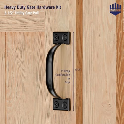 HAPPTGATE Heavy Duty Fence Gate Hardware Kit, 6in Gate Hinges and Latch Set | Heavy duty gate kit for wooden fence with self locking gate latch, 6in t-strap gate hinges, door pull handle for vinyl fence