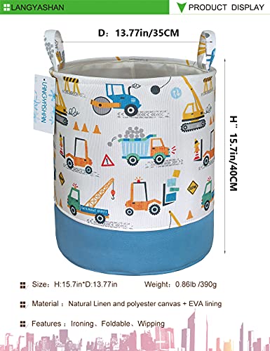 Round Thick Laundry Basket Collapsible Organizer Boys Engineering Car | Canvas Foldable Storage Hamper Sturdy Rope Handles for Household Gift Baskets Bedroom Clothes Toys Children Nursery - color: Thick Engineering Car